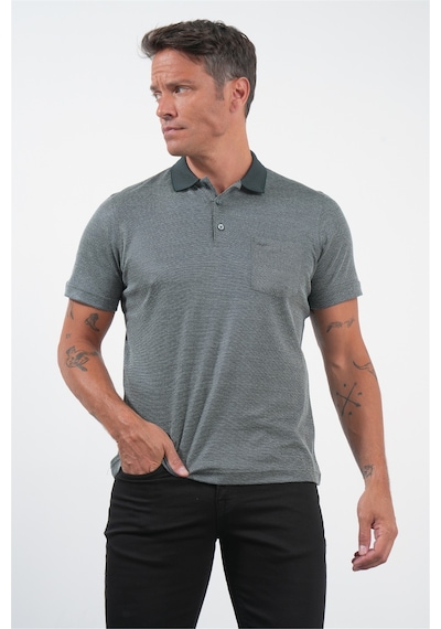 Lacivert-s.yeşil Kendinden Desenli Polo Yaka Kısa Kol Cepli Comfort Fit Pamuklu Tişört 1011260152 Lacivert - Yeşil