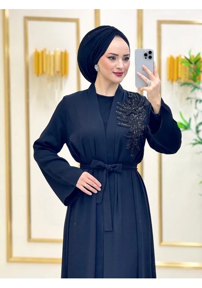 Nazzain El İşlemeli Abaya Takım Çok Renkli