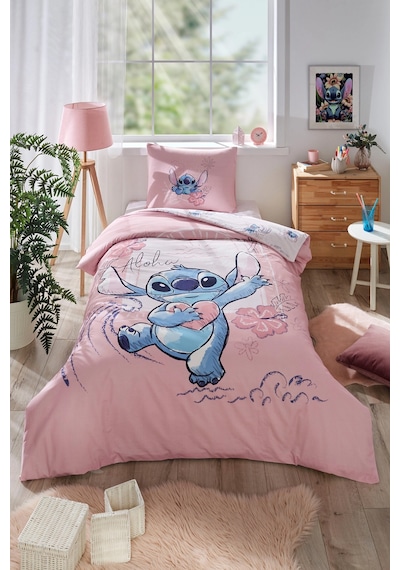 Özdilek Stitch Aloha Tek Kişilik Disney Lisanslı Lastikli Çarşaf Çocuk Nevresim Takımı Pembe