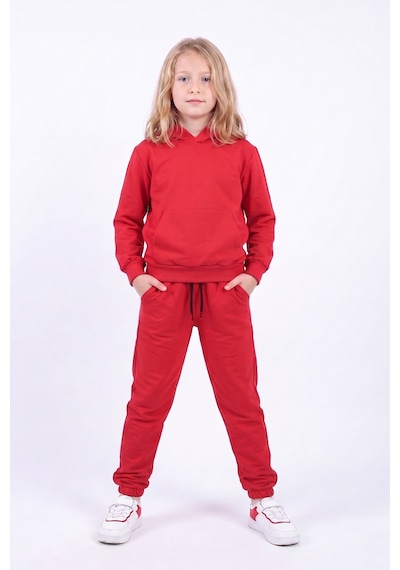 Fyk Kids Kız Çocuk Düz Kanguru Cepli Kapüşonlu Eşofman Takımı Kırmızı