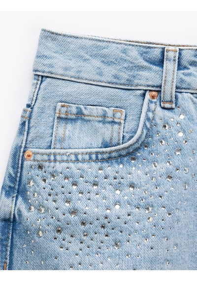 Koton Taşlı Yıpratılmış Düğmeli Cepli Mini Denim Şort Açık İndigo 5sal40071md Açık İndigo
