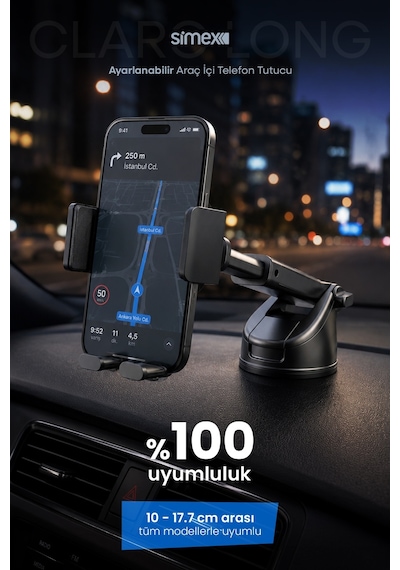 Simex Ultra Stabil Vakumlu Araç İçi Telefon Tutucu 360° Dönebilen Ayarlanabilir Vantuzlu Araba Standlı
