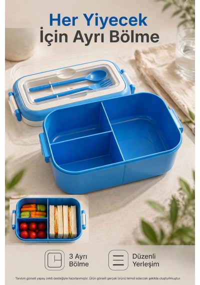 Mavi 3 Bölmeli Çocuk Beslenme Kutusu Kaşık Çatal Dahil Kilitli Kapaklı Taşıma Saplı Lunch Box