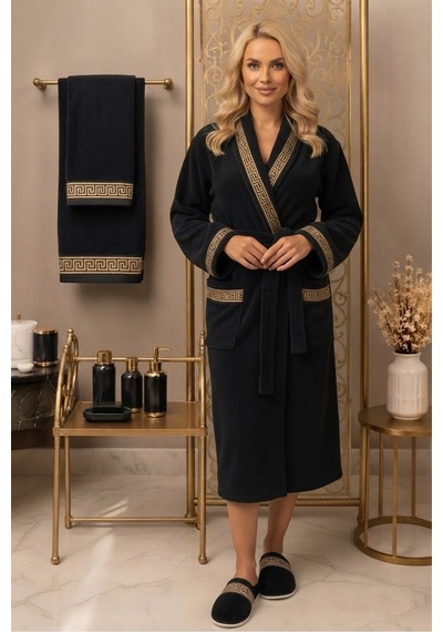 Premium %100 Pamuk Unisex Şalyaka Cepli Bornoz Seti 4 Parça Havlu Terlik Takımı Siyah Siyah