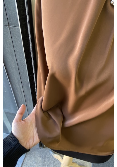 Pera Moda Gold Broş Detaylı Şık Bluz Gömlek Kahve