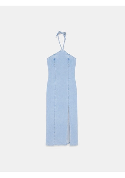 Dilvin 90580 Boyundan Bağlamalı Midi Denim Elbise-mavi