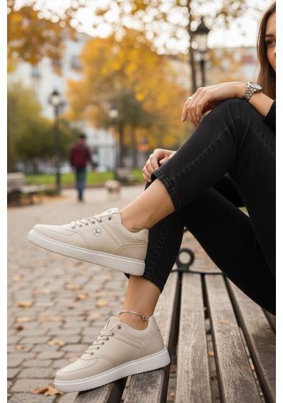 Enoch Suni Deri Beyaz Düz Tabanlı Erkek Casual Sneaker Ayakkabı Bej