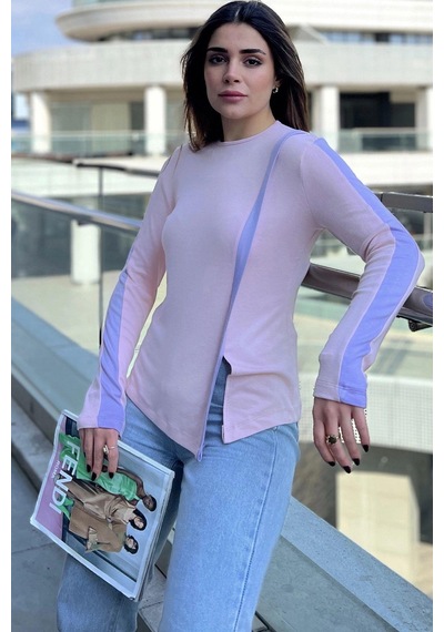 WeShaya Kadın Pembe Yuvarlak Yaka, Uzun Kol, Şerit Detaylı, Yırtmaçlı Rahat Bluz Pembe