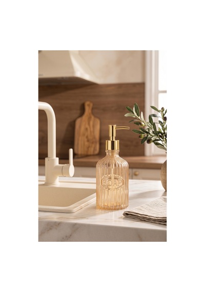 Glassy Dekoratif Cam Sabunluk Gold Pompalı Vintage Çizgili Sıvı Sabun Ve Deterjan Dispenseri - 21.5 Cm X 8 Cm - Turuncu