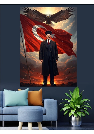 Türk Bayrağı Önünde Atatürk Silüeti Dekoratif Kanvas - Mdf Ahşap Tablo