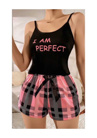 Ruselin Kadın Kare Desenli Askılı Şortlu Pijama Takım-siyah-s/m - 9075672075688