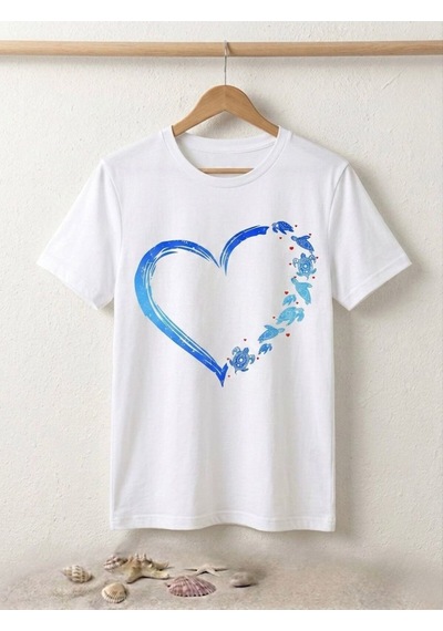 Mavi Kalp Baskılı Kompak T-shirt Beyaz