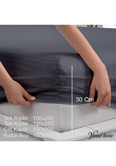 %100 Pamuk, Çizgili Saten Lastikli Çarşaf Seti 82 Tel Sık Dokuma Tek Kişilik Çift Kişilik Battal Boy Antrasit, 120x200