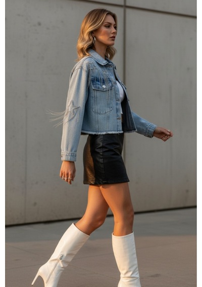 Esb Design Kadın Mavi Taşlı Zincirli Cepli Mevsimlik Düğmeli Kısa Denim Ceket A36-082