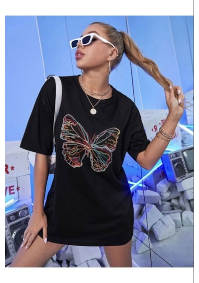 Medinenur Neon Kelebek Baskılı Kadın Tshirt Siyah