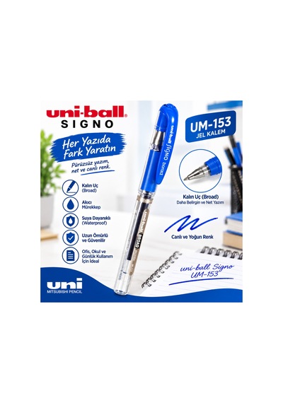 Uni-ball Signo Um-153 Broad Jel Kalem Mavi 1.0 Mm Suya Dayanıklı Kalın Uçlu