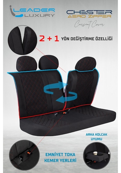 Dacia Sandero Stepway Lüx Yarı Deri Oto Koltuk Kılıfı Ön Arka Takım Chester Siyah Kırmızı