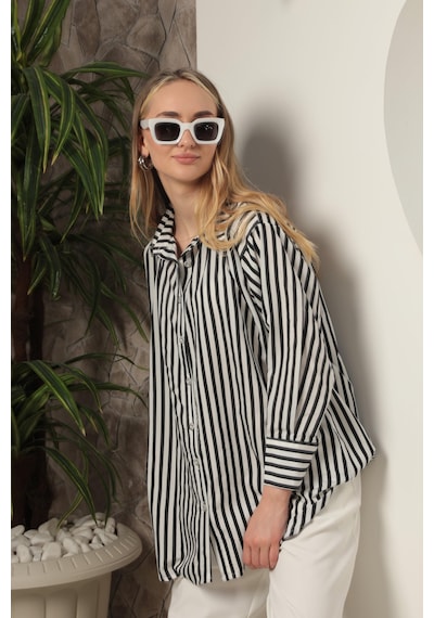 Chıcnhappy Poplin Kalın Çizgi Kadın Gömlek Siyah 24pn50610147 Siyah