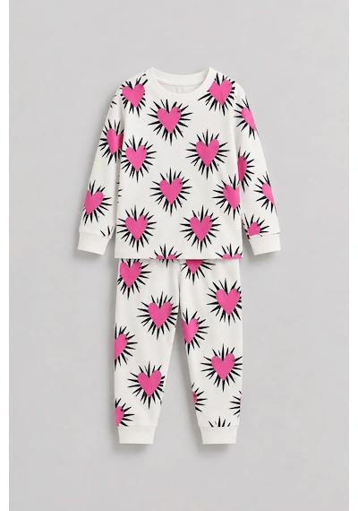 Zuzunga Kız Çocuk Pembe Kalp Desenli Uzun Kollu Pijama Takımı Beyaz-pembe