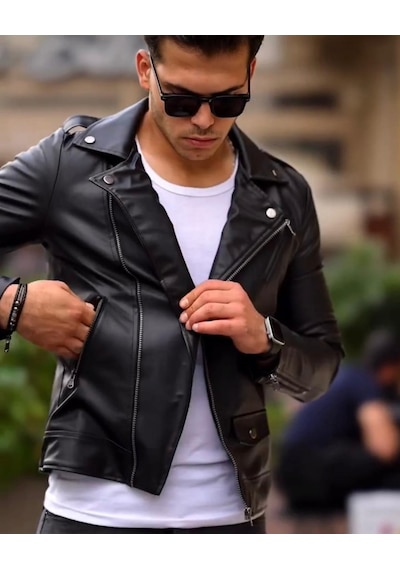 Prifaldi Erkek Biker Kemerli Deri Ceket Siyah