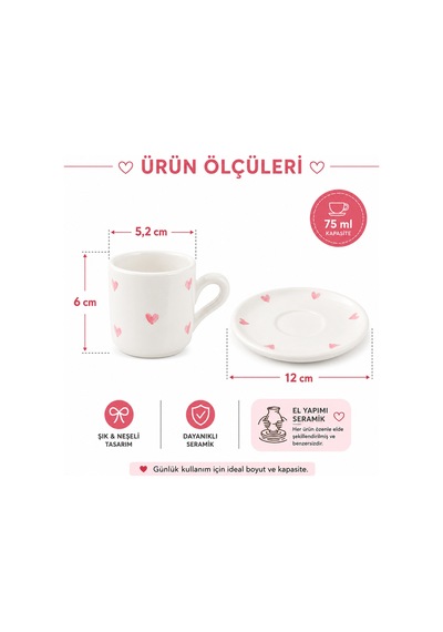 El Yapımı Seramik Türk Kahvesi Fincan Takımı,2 Kişilik-4 Parça Fincan Seti,75 Ml Çok Renkli - Pembe Kalp Desen