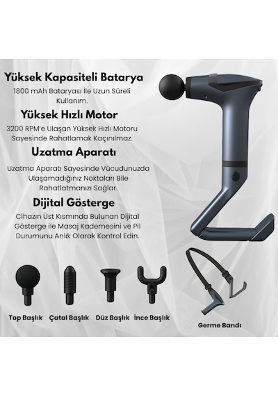 Smayling Germeli Uzatma Aparatlı Masaj Tabancası 4 Başlık Dijital Göstergeli Derin Doku Masaj Aleti Siyah