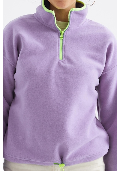 Tommy Life Açık Eflatun Yarım Fermuar Etek Ucu Büzgülü Dik Yaka Oversize Kadın Polar Sweatshirt - 97234 Eflatun