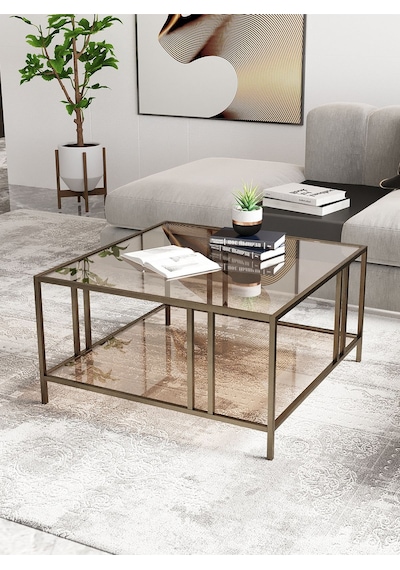 Dekoport Bakü Orta Sehpa Prinç Eskitme Rengi Bronz Cam 75 75 Çift Camlı Orta Sehpa Eskitme