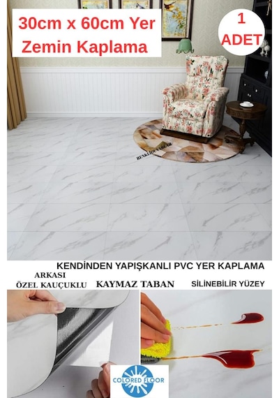 30cm X 60cm 1 Adet Yapışkanlı Floor Pvc Panel Yer Zemin Kaplama Paneli Arkası Kauçuklu Banyo Mutfak