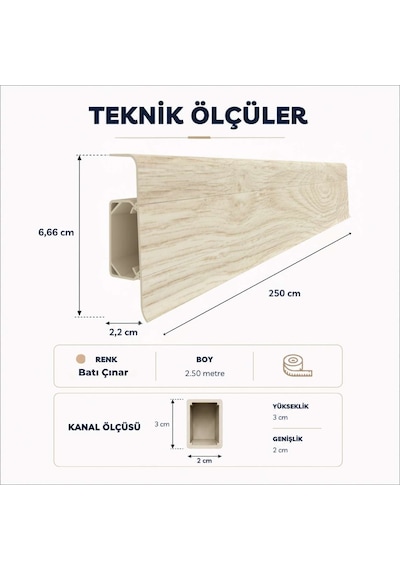 Esquero Kablo Kanallı PVC Süpürgelik 250 cm, Açılabilir Kapaklı, Batı Çınar, ESQ605