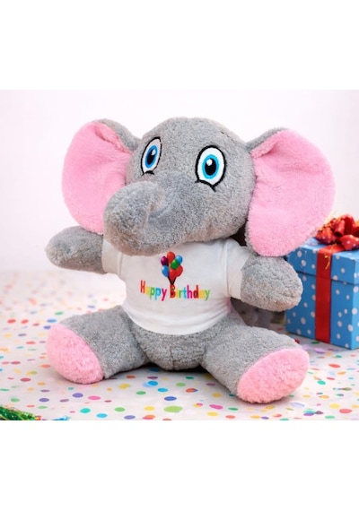 Toptan Happy Birthday Tişörtlü Peluş Oyuncak Fil Pembe