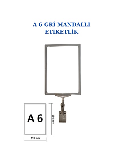10 Adet Gri A6 Mandallı Raf Sepet Etiketi Çerçeveli Etiketlik Gri