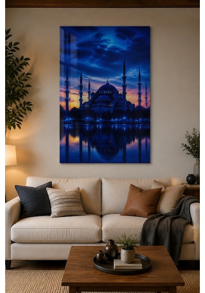 Sultanahmet Camii Baskılı Cam Tablo Mavi Akşam Uv Baskı Duvar Dekoru