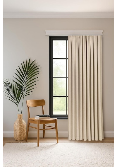 Fabric Design Safir Açık Bej Ekstrafor Büzgülü Kadife Dokulu Yüksek Kaliteli Tek Kanat Fon Perde 150 X 260