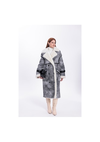M M Marki Marki Kadın Hakiki Deri Uzun Palto Gri Eskitme Oversize Kruvaze Düğmeli İçi Kürklü 115 Cm - 119522 Gri Vintage
