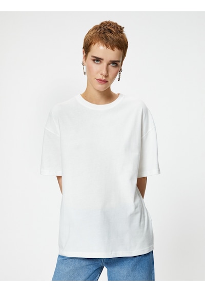 Koton Basic Oversize Tişört Kısa Kollu Bisiklet Yaka Pamuklu Ekru 4sal10232ık 4SAL10232IK010 Ekru