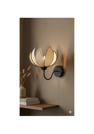 Lotus Model Dekoratif Pilli Duvar Apliği -siyah Çerçeveli Kumaş Kaplama-modern Aydınlatma Siyah-krem