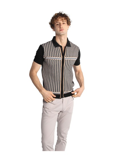 İgs Siyah Slim Fit Dar Kalıp Düğmeli Polo Yaka Desenli Kısa Kollu Triko Tişört-16311
