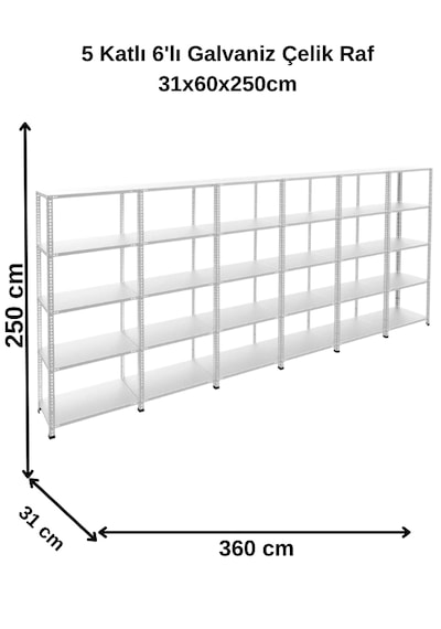 5 Katlı 6 Lı Bitişik Galvaniz Çelik Raf. Depo, Dosya Raf 31x360x250 Cm Gri