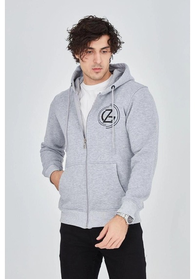 Erkek 3 İplik Pamuklu Fermuarlı Kapüşonlu Kanguru Cepli Baskılı Hoodie Hırka Sweatshirt - Gri