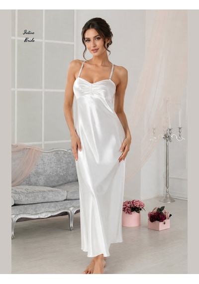İntive Lingerie Intive Bride Beyaz Saten Uzun İnce Askılı Sırtı Dekolteli Maksi F