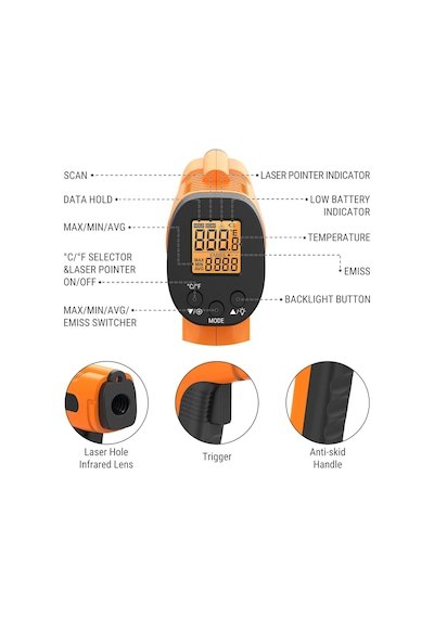 Thermopro Tp30 Yüksek Hassasiyetli Profesyonel Kızılötesi Termometre, -50 C İla 550 C -58 F İla 1022 F Ayarlan