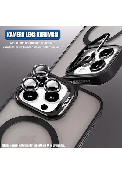 Apple iPhone 17 İle Uyumlu Magsafe Wireless Şarj Özellikli Kamera Standlı Lüks Mat Silikon Kılıf Lens Koruyucu Diğer