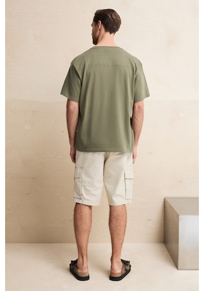 Grimelange Pocket Erkek %100 Organik Pamuklu Dokuma Cepli Etiket Detaylı Haki T-shirt