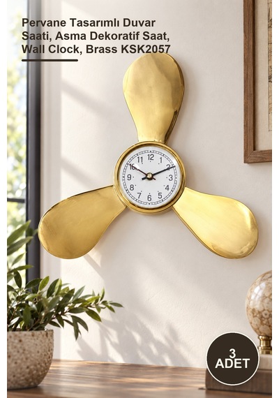 3 Adet Pirinç Duvara Asmalı Saat Pervane Tasarımlı Duvar Saati, Asma Dekoratif Saat, Wall Clock, Brass Ksk2057 Metal