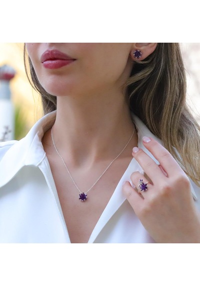 Ametist Taşlı Lotus Çiçekli Gümüş Set Gümüş