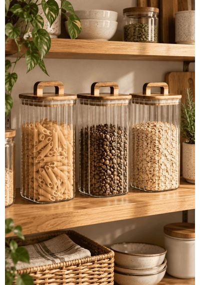 Atbyhome 3'lü Kulplu Akasya Ahşap Kapaklı Çizgili Cam Kavanoz Seti 1850 Ml - Vakumlu Kare Spagetti Erzak Kabı