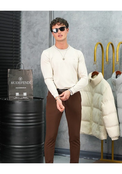 Modefendi Yüksek Kalite Merserize Kumaş Bisiklet Yaka Triko Bej