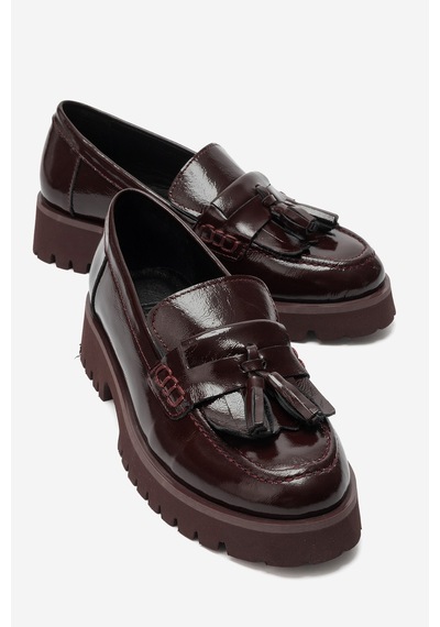 Luvi Shoes Poen Bordo Rugan Hakiki Deri Püsküllü Kadın Loafer Ayakkabı