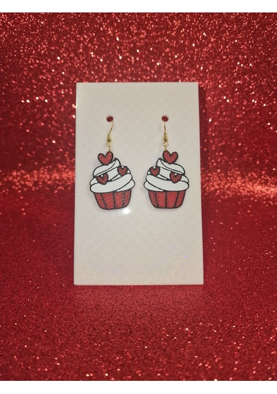 Kalpli Cupcake Küpe Çifti - Sevgililer Günü Temalı Işıltılı Kırmızı Ve Beyaz Tasarım Aksesuar Beyaz